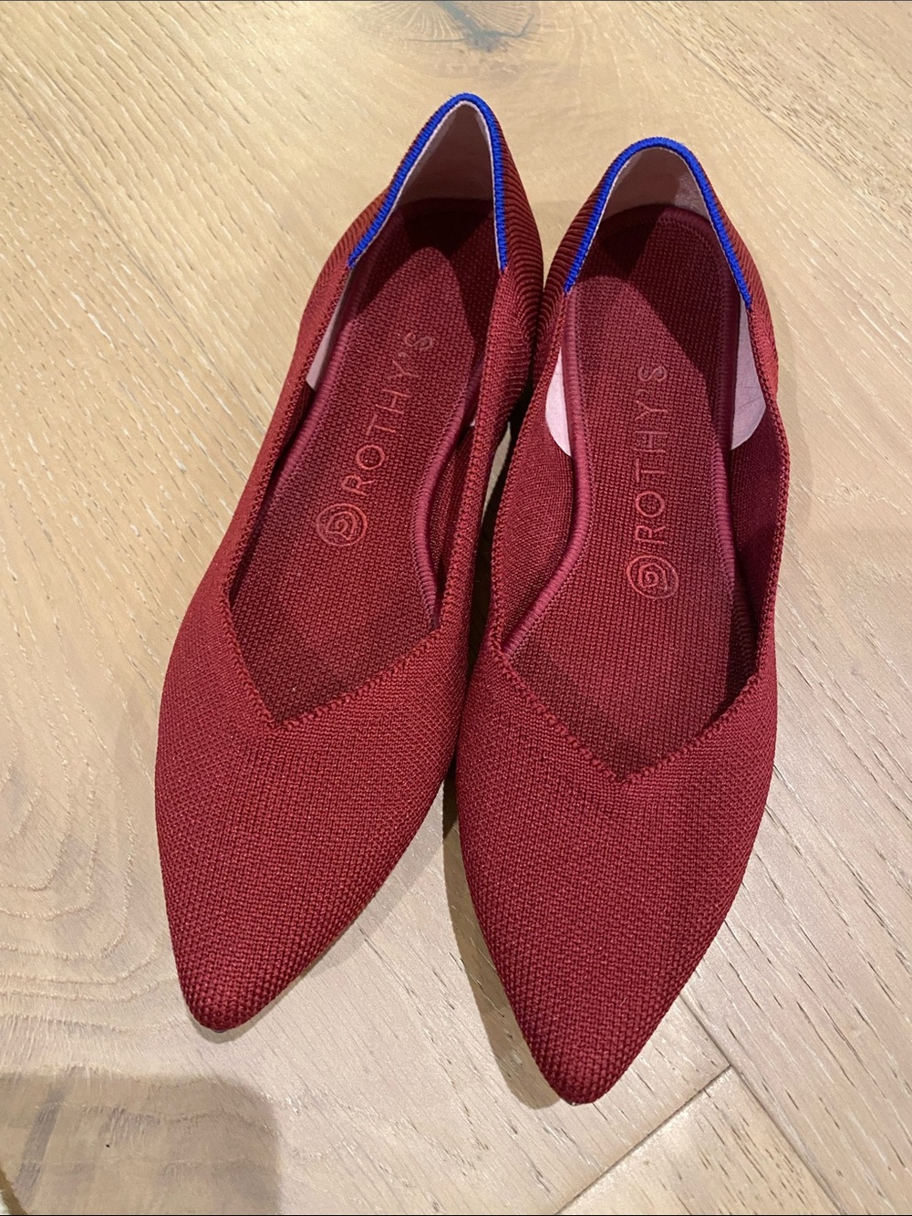 Rothy's Pointed Knit Flats in Burgundy with Blue Trim